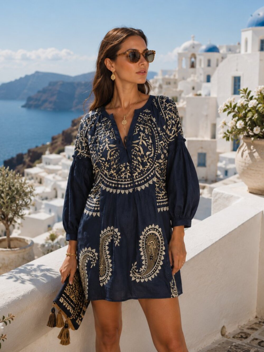 Greek Archaic Kori Paisley Embroidered Cotton Dress, Navy Gold Tunic Mini Dress,